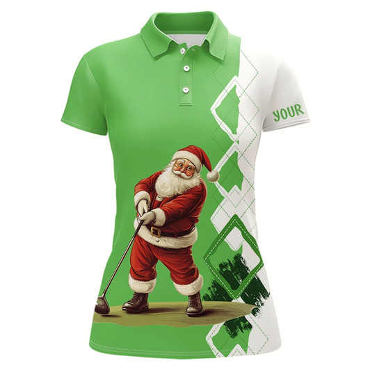Goofygear Green And White Argyle Christmas Santa Womens Golf Polo Shirt Custom Christmas Ladies Golf Shirts