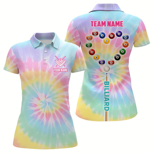 Goofygear Personalized Colorful Tie Dye With Heart Billiard Women Polo Shirts, Unique Billiard Shirts Gifts