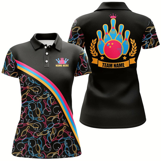 Goofygear Personalized Bowling Polo Shirts For Women Custom Pink Bowling Pattern, Bowling Team Shirts