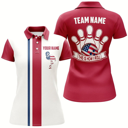 Goofygear Retro Bowling Polo Shirt For Women Custom Patriotic American Flag Flamingo Bowling Jerseys
