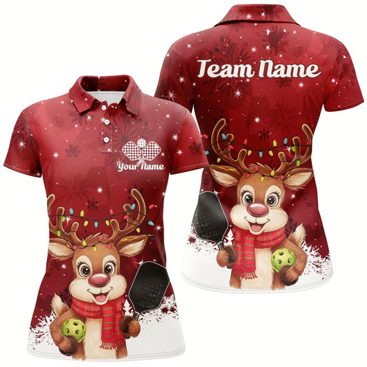 Goofygear Custom Funny Christmas Reindeer Pickleball Polo Shirts For Women, Xmas Pickleball Outfit Style 4