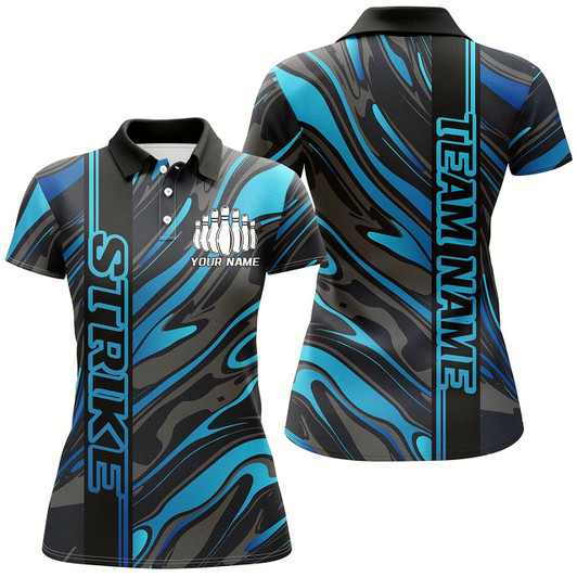 Goofygear Custom Blue Camo Strike Bowling Polo Shirts For Women, Striking Bowling Team Uniform