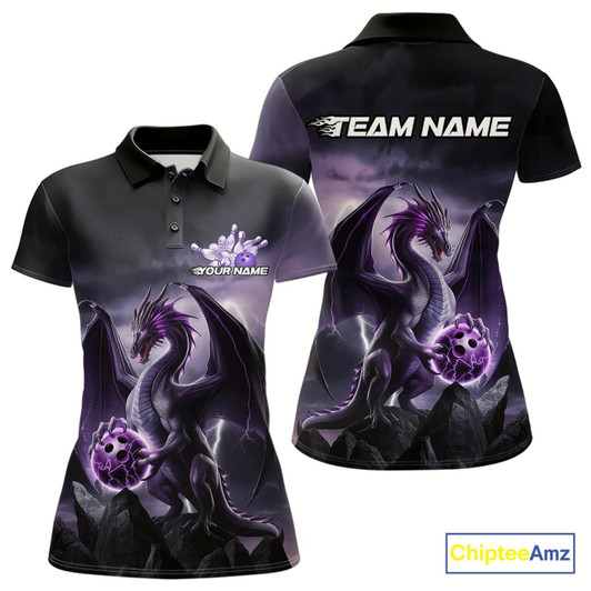 Goofygear Custom Black And Purple Thunder Lightning Dragon Bowling Women Polo Shirts, Team Outfit