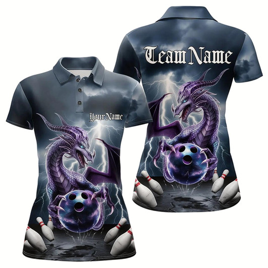 Goofygear Custom Thunder Lightning Purple Dragon Bowling Polo Shirts For Women, Bowling Team Uniform