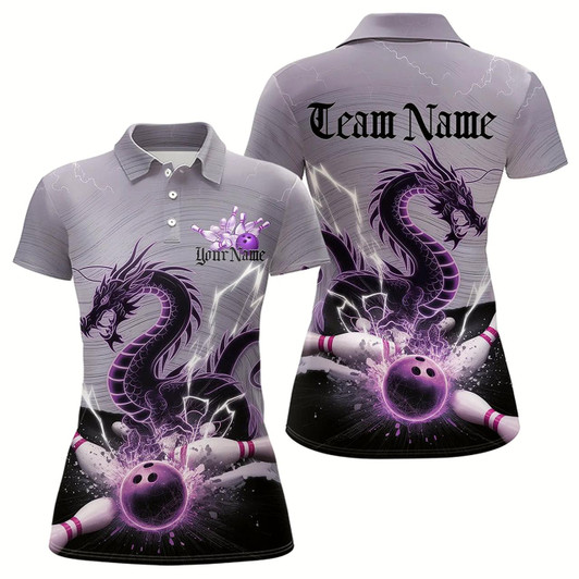 Goofygear Custom Purple Thunder Lightning Dragon Bowling Polo Shirts For Women, Bowling Team Uniform