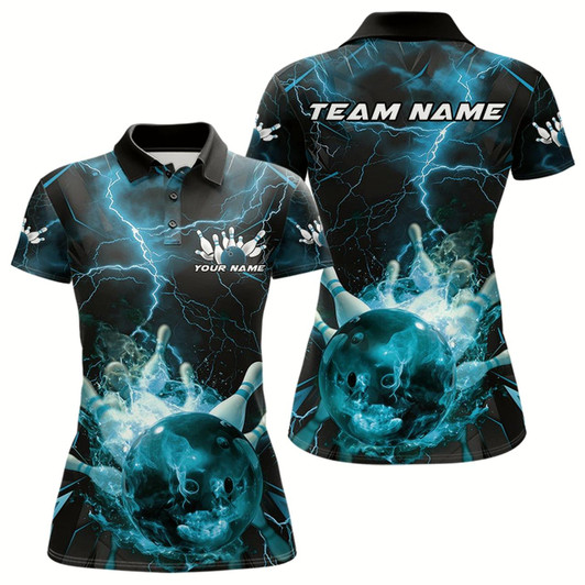 Goofygear Custom Blue Thunder Lightning Bowling Team Polo Shirts For Women, Red Bowling Jerseys