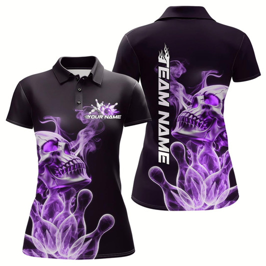 Goofygear Custom Purple Flame Smoke Skull Bowling Polo Shirts For Women, Halloween Bowling Outfit