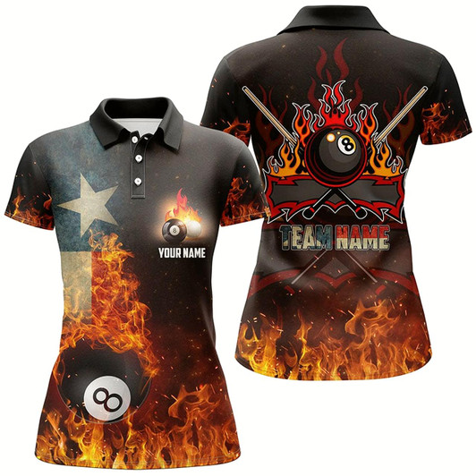 Goofygear Personalized Texas Flag 8 Ball Pool On Fire 3D Billiard Polo Shirts For Women, Billiards Jerseys