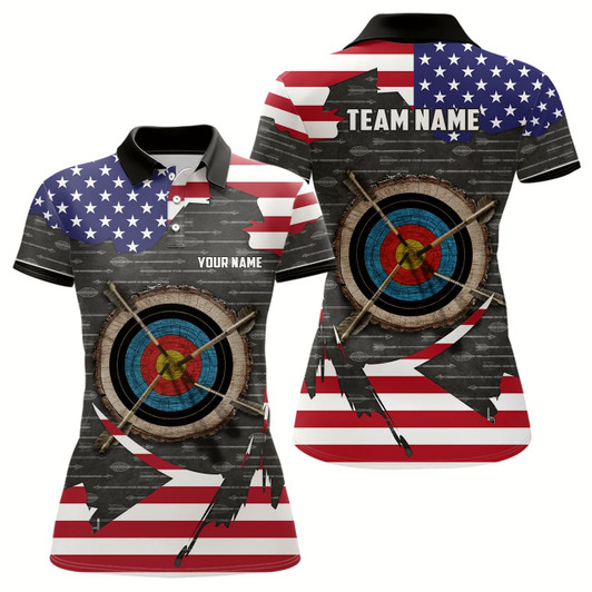 Goofygear Retro Archery 3D Target Personalized Us Flag Polo Shirts For Women, Patriotic Archery Jerseys Shirts