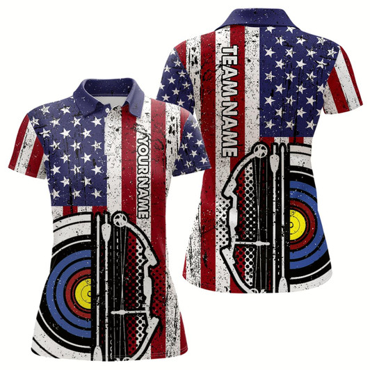 Goofygear Personalized Retro American Flag 3D Target Archery Polo Shirts For Women, Custom Archery Team Shirts