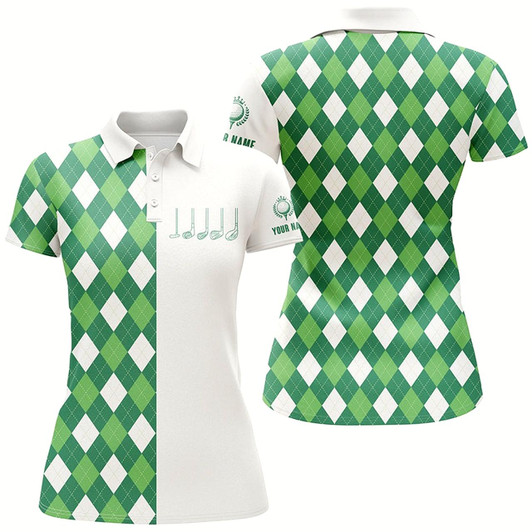 Goofygear Womens Golf Polo Shirts Green And White Argyle Plaid Pattern Custom Womens Golf Wear