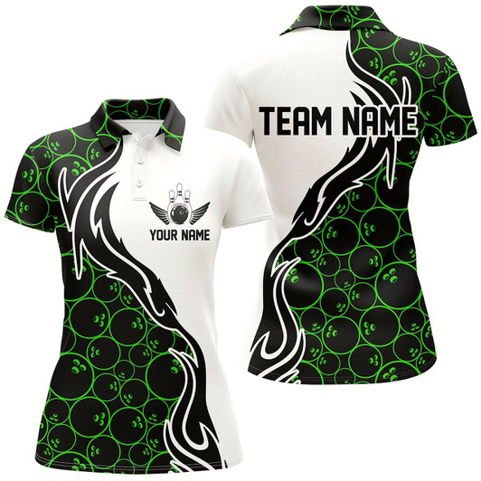 Goofygear Green Bowling Pattern Custom Women Bowling Polo Shirts Flame Bowling Team Jerseys