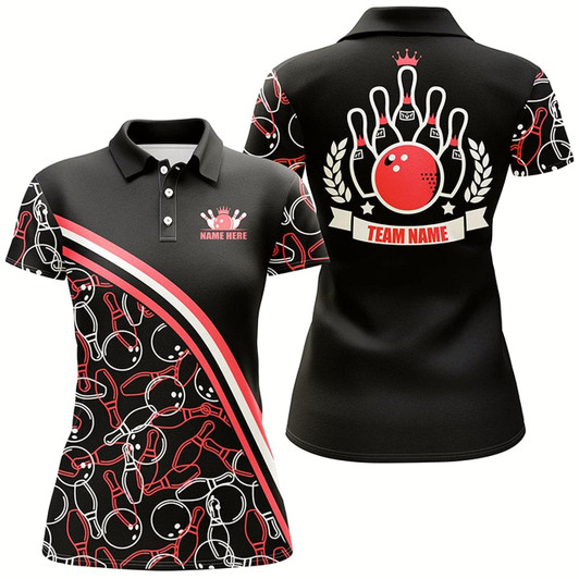Goofygear Personalized Bowling Polo Shirts For Women Custom Black Red Bowling Pattern, Bowling Team Shirts