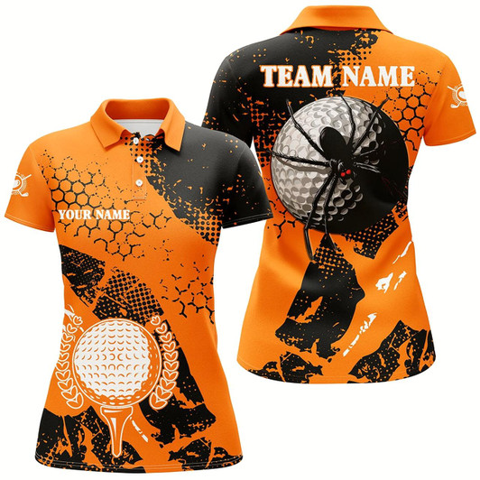 Goofygear Black & Orange Spider Golf Womens Golf Polo Shirts Custom Halloween Golf Shirt, Ladies Golf Attire