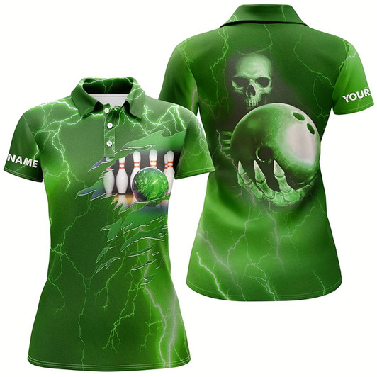 Goofygear Personalized Bowling Polo Shirt For Women Green Lightning Custom Name Team Skull Bowling Jerseys