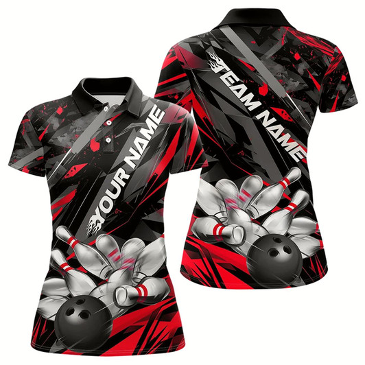 Goofygear Custom Black And Red Bowling Polo Shirts For Women, Bowling Tournament Team Uniform