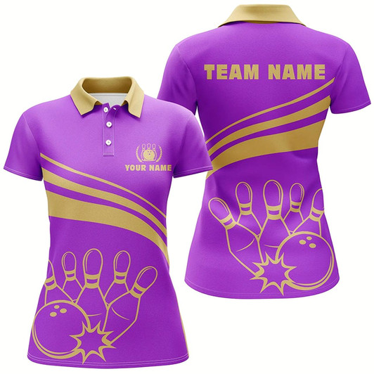 Goofygear Personalized Polo Bowling Shirts For Women, Custom Womens Bowling Shirts Team Bowl Jersey Purple