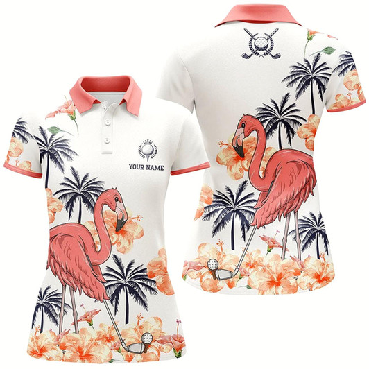 Goofygear Womens Pink Tropical Golf Polo Shirts, Personalized Flamingo Golf Shirts For Women, Golf Gifts