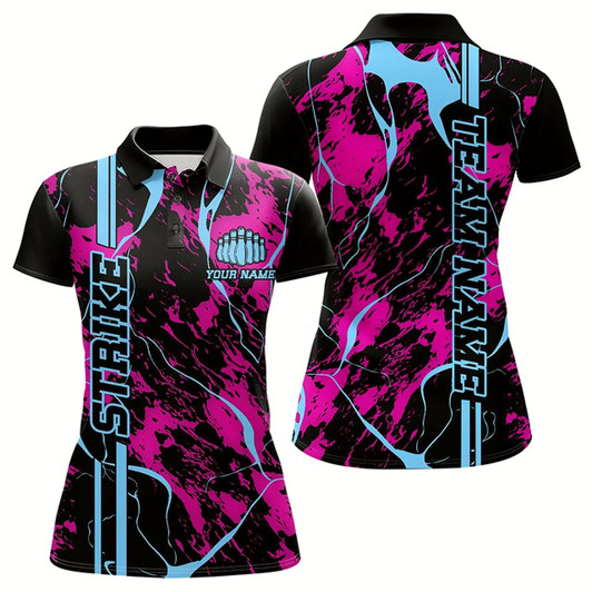 Goofygear Custom Pink And Blue Strike Bowling Polo Shirts For Women, Bowling League Team Uniform