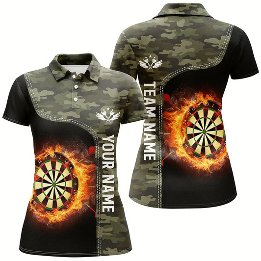 Goofygear Green Camo Flame Darts Board Womens Polo Shirt Custom Darts Shirt For Women Dart Jersey