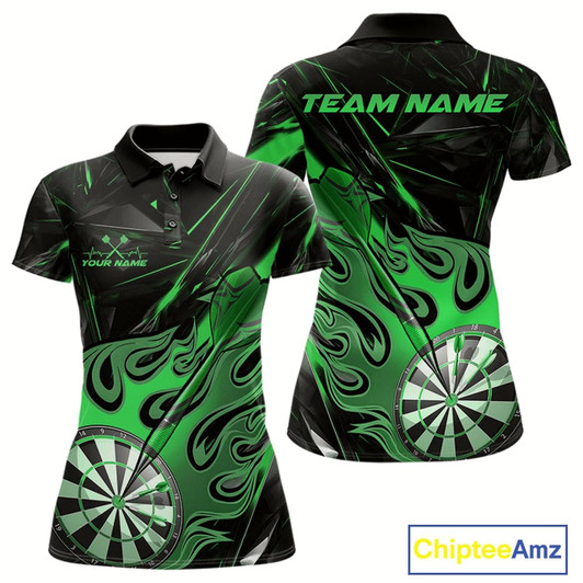 Goofygear Custom Black And Green Flame Dartboard Dart Polo Shirts For Women, Dart Players Outfits
