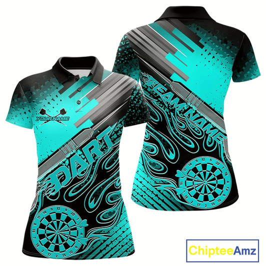 Goofygear Custom Black And Turquoise Blue Flame Dartboard Dart Polo Shirts For Women, Dart Uniform