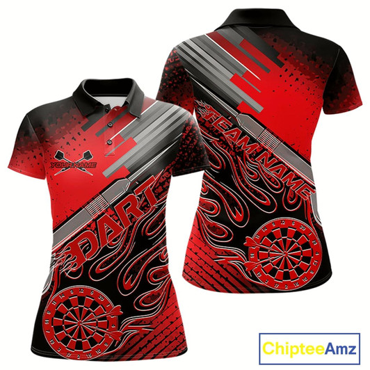 Goofygear Custom Black And Red Flame Dartboard Dart Polo Shirts For Women, Dart Team Uniform