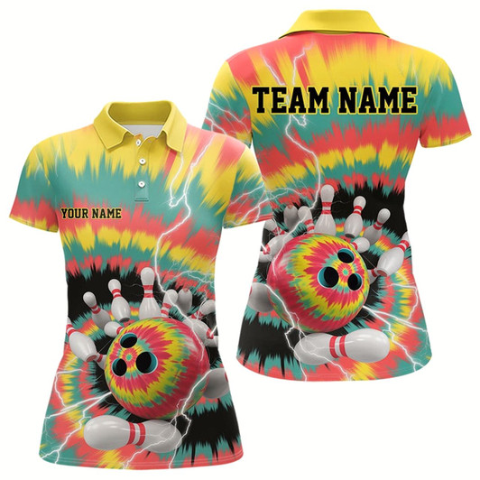 Goofygear Custom Colorful Tie Dye Bowling Polo Shirts For Women, Rainbow Bowling Outfit Style 3