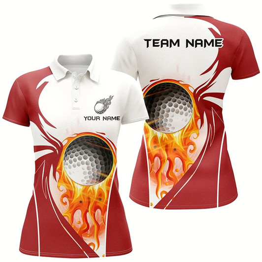 Goofygear Womens Golf Polo Shirt Custom Golf Ball Fire Female Golf Attire For Women, Ladies Golf Tops Red
