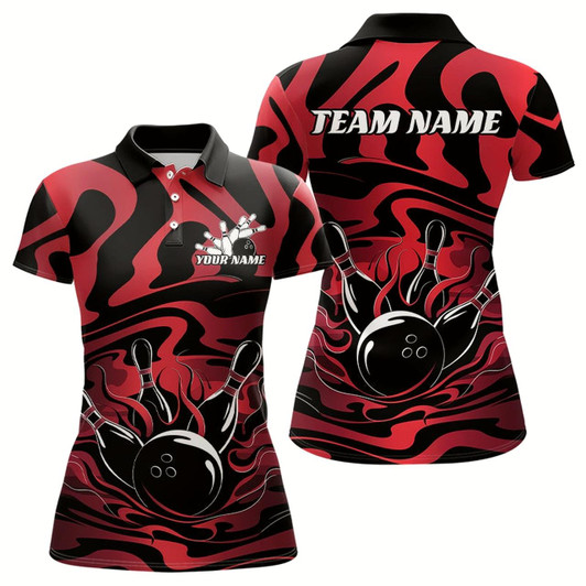 Goofygear Custom Red And Black Flame Bowling Polo Shirts For Women, Bowling Jerseys Bowler Outfits