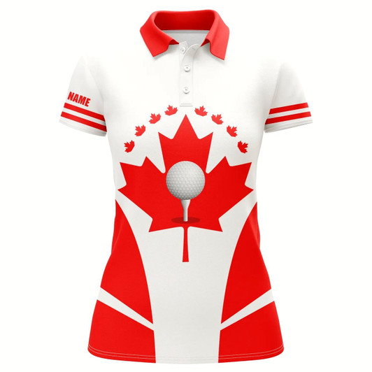 Goofygear Red White Womens Golf Polo Shirts Canadian Flag Patriotic Golf Balls Shirts For Women, Ladies Golf Top