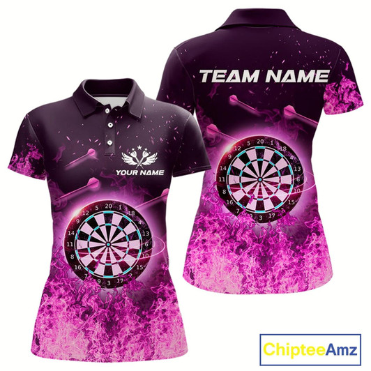 Goofygear Personalized Pink Flame Dartboard Custom Dart Polo Shirts For Women, Dart Team Jerseys