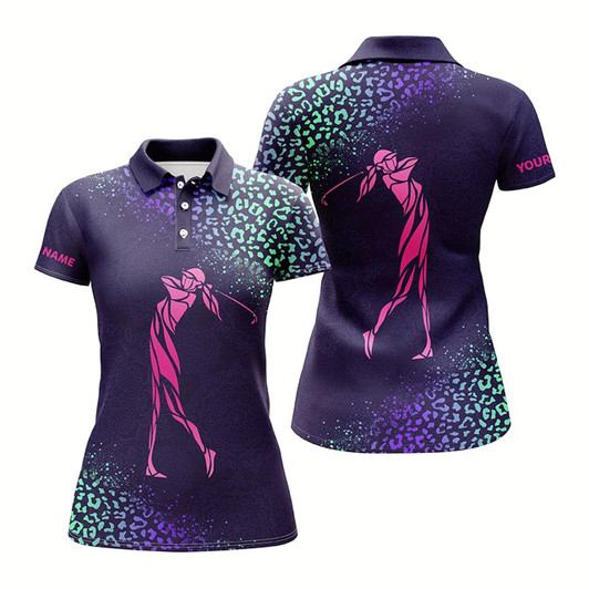 Goofygear Womens Golf Polo Shirt Custom Name Purple Gradient Leopard Women Golf Club Gifts For Golf Lovers