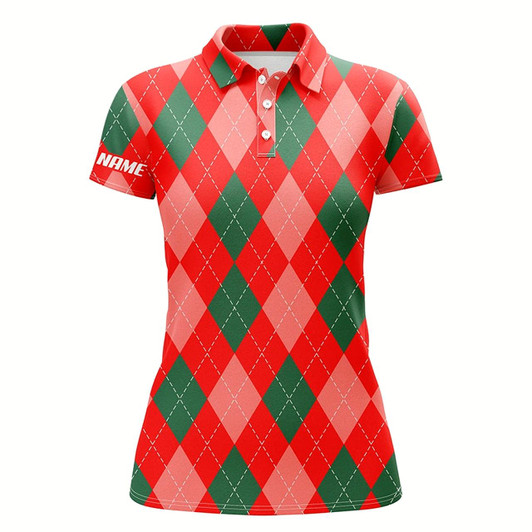 Goofygear Christmas Plaid Argyle Red Pattern Womens Golf Polo Shirt Custom Name Christmas Golf Gifts For Women