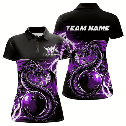 Goofygear Custom Black And Purple Thunder Lightning Dragon Bowling Womens Polo Shirt, Bowlers Outfit