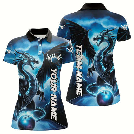 Goofygear Custom Blue Thunder Lightning Dragon Bowling Polo Shirts For Women, Dragon Bowling Uniform