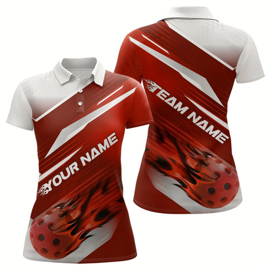 Goofygear Custom Red Flame Pickleball Polo Shirts For Women, Fire Pickleball Jerseys Team Uniform