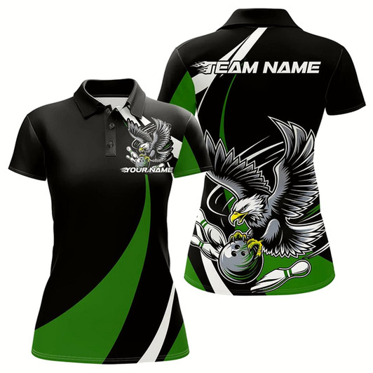 Goofygear Custom Black And Green Eagle Bowling Women Polo Shirts, Eagle Bowling Team Jerseys