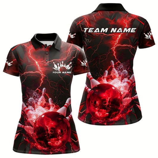 Goofygear Custom Red Thunder Lightning Bowling Team Polo Shirts For Women, Red Bowling Jerseys