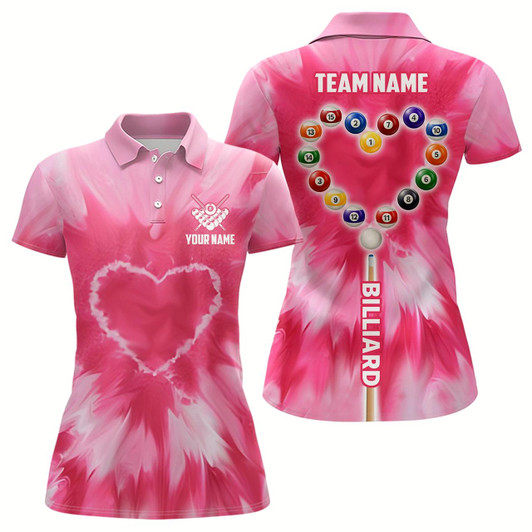 Goofygear Personalized Pink Tie Dye With Heart Billiard Women Polo Shirts, Billiard Valentines Day Shirts Gifts