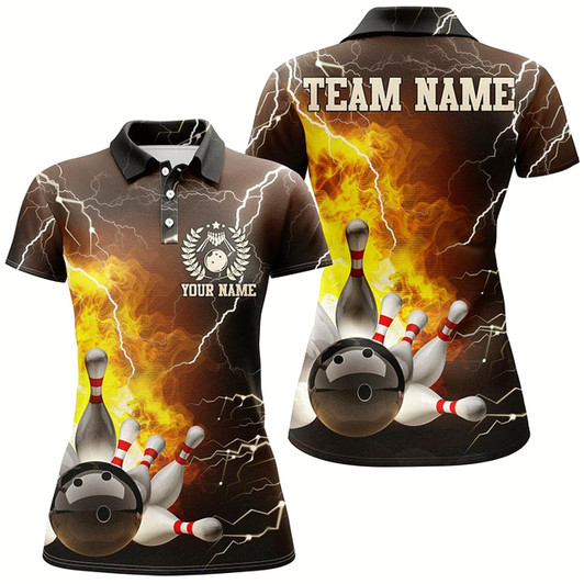 Goofygear Women Bowling Polo Shirts Custom Flame Lightning Thunder Bowling Team Jersey, Bowling League Shirt