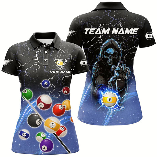 Goofygear Thunder Lighting Blue Billiard Balls Polo Shirts For Women Personalized Skull 9 Ball Pool Shirts
