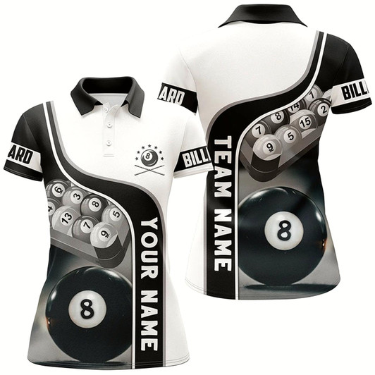 Goofygear Personalized 8 Ball Pool Billiard Balls 3D Polo Shirts For Women, Custom Name Billiard Team Shirts