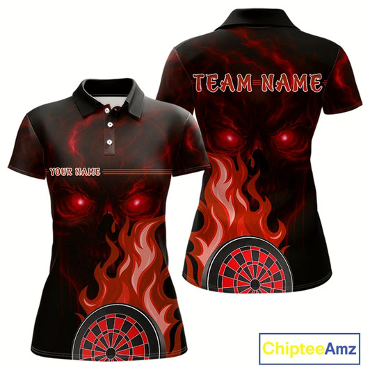 Goofygear Custom Black And Red Flames Skull Dartboard Polo Dart Shirt For Women Outfit Dart Team Jerseys