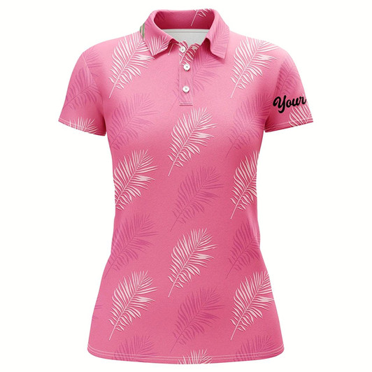 Goofygear Women Golf Polo Shirts Custom Pink Palm Leaves Tropical Pattern Golf Shirts, Womens Golf Tops