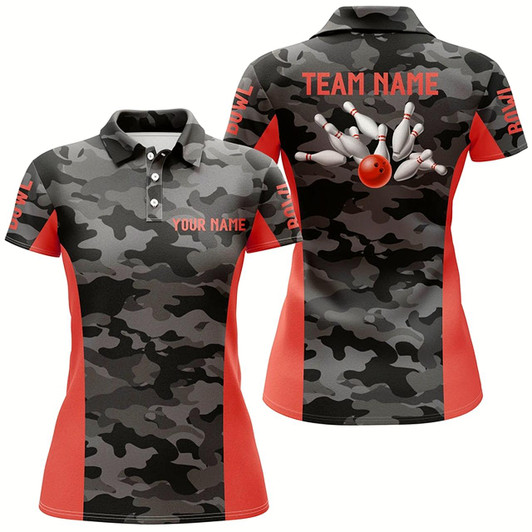 Goofygear Women Bowling Polo Shirts Custom Gray Camo Bowling Team Jersey, Bowling Team League Shirt Red