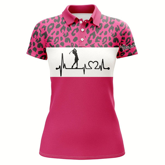 Goofygear Womens Golf Polo Shirt Custom Name Pink Leopard Pattern Golf Heartbeat, Golfing Gifts For Women