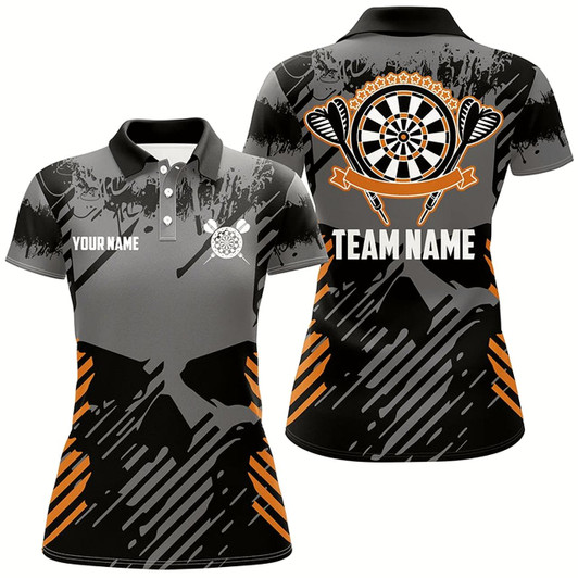 Goofygear Grey Grunge Orange Skull Darts Polo Shirts Custom Dart Shirts For Women Dart Jersey