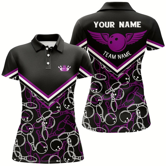 Goofygear Personalized 3D Bowling Shirts For Women, Custom Black Purple Short Sleeve Polo Bowling Shirt For Girl