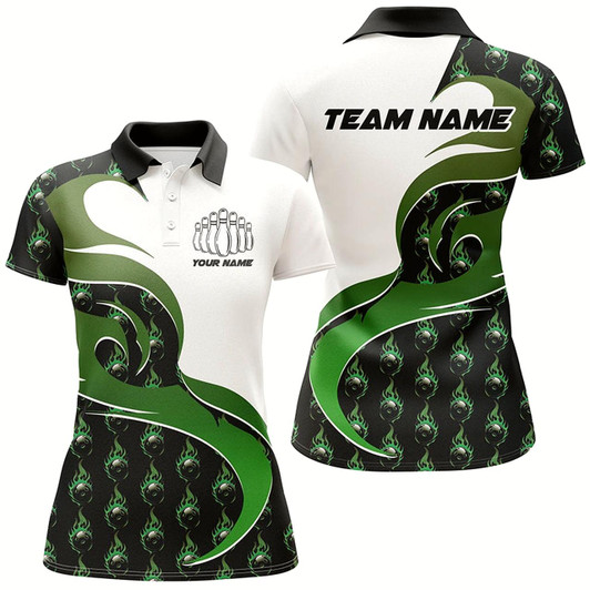 Goofygear Customized Green Flame Bowling Polo Shirts For Women, Bowling Team Shirts Outfit Bowling